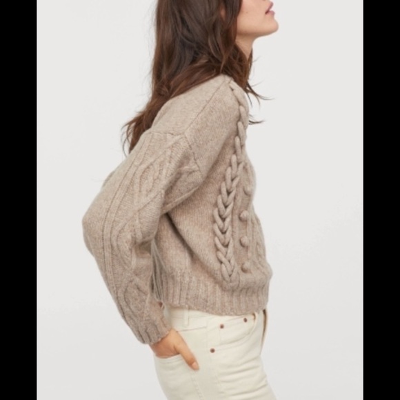 H&M Cable Knit Pom Sweater Crewneck Tan Brown - Picture 7 of 8